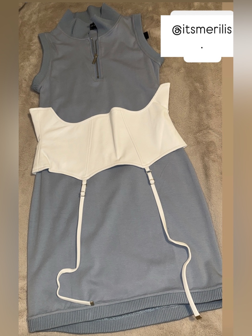 Maniere De Voir Powder Blue Sleeveless Mini Dress with White Corset